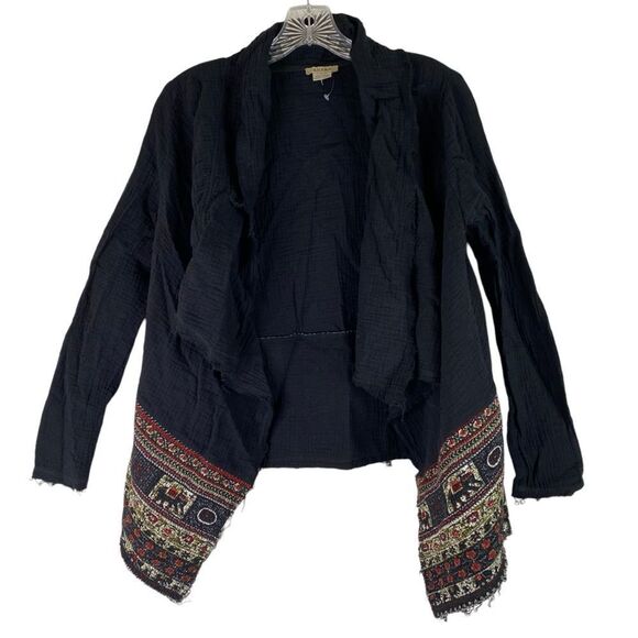 Anama Sweaters - Anama Black Red Open Waterfall Draped Front Gauze Embroidered Elephant Boho S